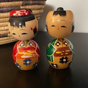 Pair Vintage Wood Japanese Kokeshi Bobble Head Dolls 4”